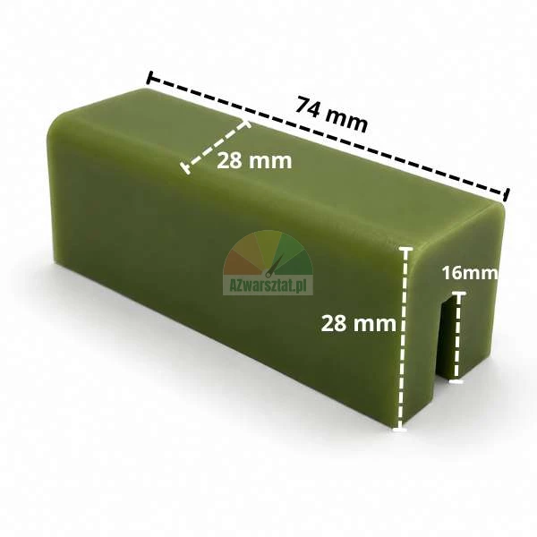 Grüner Gleitblock für Hebebühne mit den Maßen 74 mm x 28 mm x 28 mm und eingezeichneten Abmessungen.