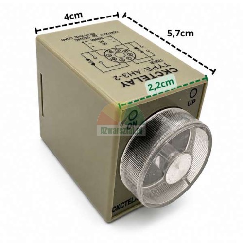 Zeitrelais AH3-2 24VDC 6s mit Gehäuseabmessungen von 4cm mal 5.7cm und einem 2.2cm Drehknopf.