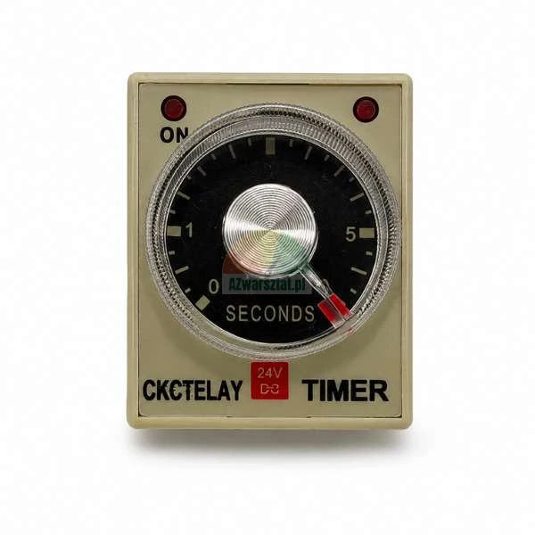 Analoges Zeitrelais CKCTELAY TIMER 24V mit einer Skala von 0 bis 5 Sekunden, einem zentralen Drehknopf und LED-Anzeigen.