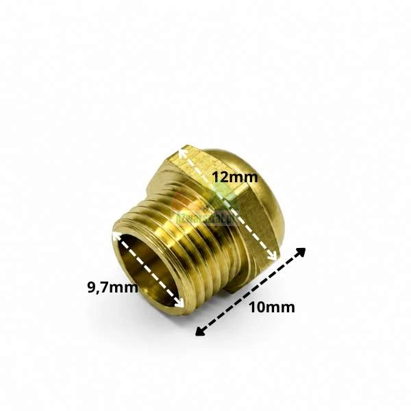 Messing-Schalldämpfer für Pneumatik mit 9,7 mm Gewinde und Maßen.