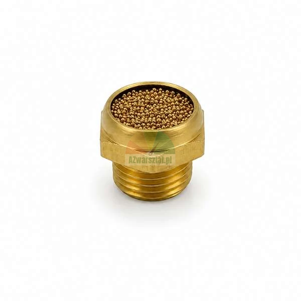 Ein pneumatischer Schalldämpfer aus Sinterbronze und Messing mit Gewindeanschluss und Sechskantkörper, gefüllt mit kleinen goldenen Kugeln, isoliert auf weißem Hintergrund.