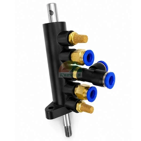 Schwarzes pneumatisches mechanisches Ventil mit Metallschaft, ausgestattet mit Schalldämpfern aus Messing und blauen Steckanschlüssen, dargestellt auf weißem Hintergrund.