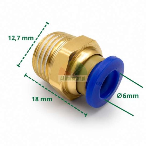 Pneumatische Steckverschraubung aus Messing 6mm mit 12.7 mm Gewinde und 18 mm Länge.