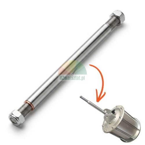 Kolbenstange 40 cm für Abweiserzylinder mit Gewinde und Muttern sowie eine kleine Detailansicht des Zylinders mit einem Pfeil
