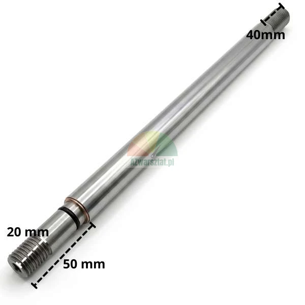 Stahl-Kolbenstange mit Gewindeenden und eingezeichneten Maßen von 20 mm, 50 mm und 40 mm auf weißem Hintergrund.