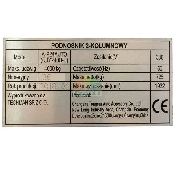 Typenschild der 2-Säulen-Hebebühne QJY240B-E.