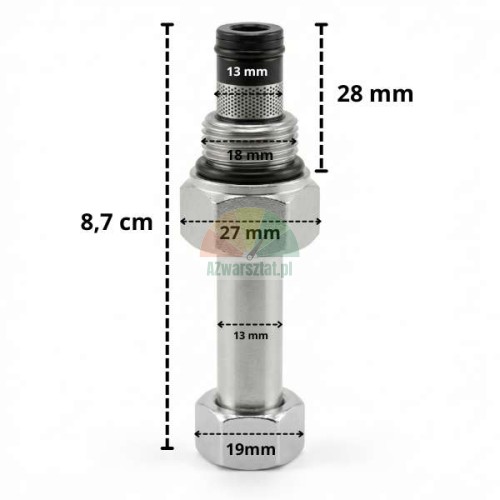 Senkventil für Spule 13mm/G19mm mit eingetragenen Einbaumaßen.
