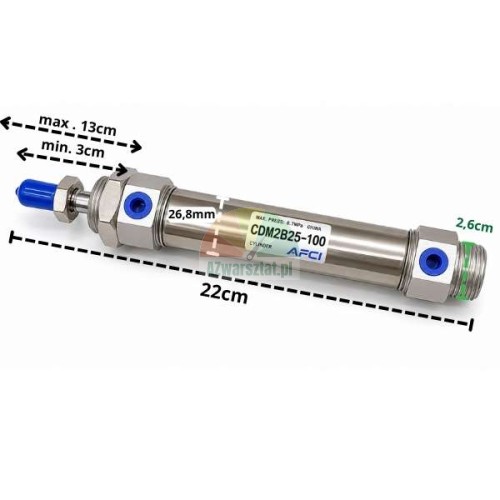Pneumatikzylinder CDM2B25-100 AFCI mit Abmessungen auf weißem Hintergrund.