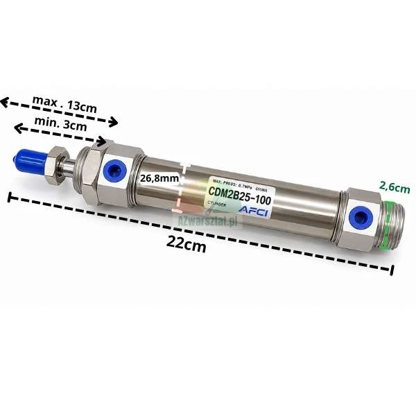Pneumatikzylinder CDM2B25-100 AFCI mit Abmessungen auf weißem Hintergrund.