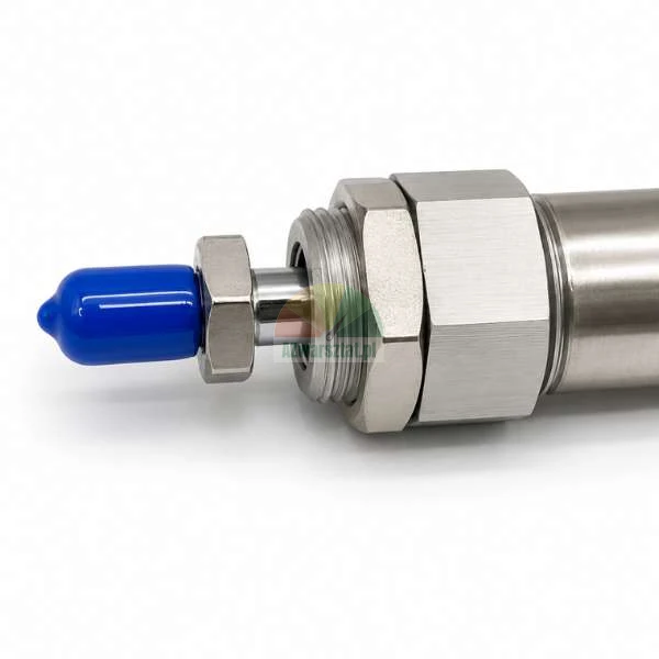 Industrieller Metallsensor oder Aktuator mit einer blauen Schutzkappe an der Spitze auf weißem Hintergrund.