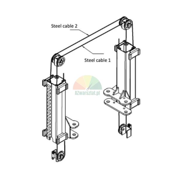 Technische Zeichnung eines Hebemechanismus mit zwei Säulen, Seilrollen und zwei Stahlseilen, beschriftet als 'Steel cable 1' und 'Steel cable 2'.