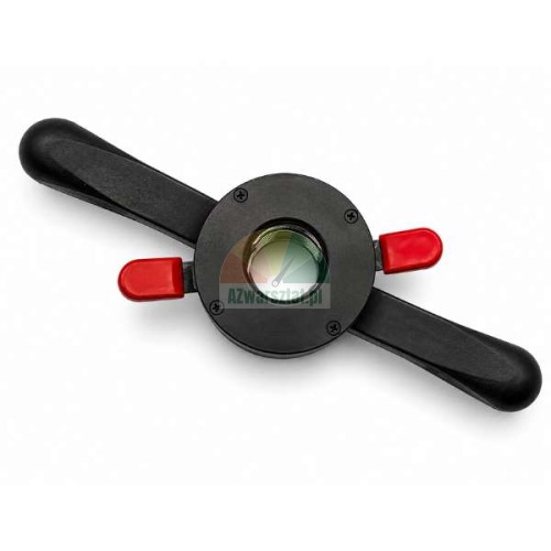 Schwarze Schnellspannmutter 36mm x 3 Typ B für Reifenwuchtmaschine mit zwei Griffen und roten Tasten.