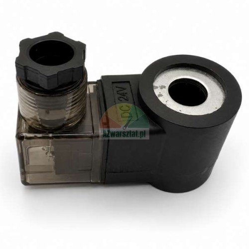 Magnetspule für Senkventil 24V DC mit Gerätestecker auf weißem Hintergrund