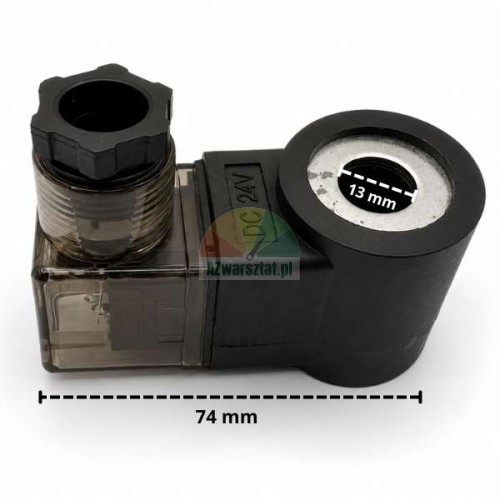 Schwarze 24V DC Absenkventilspule mit 13 mm Innendurchmesser und 74 mm Länge.