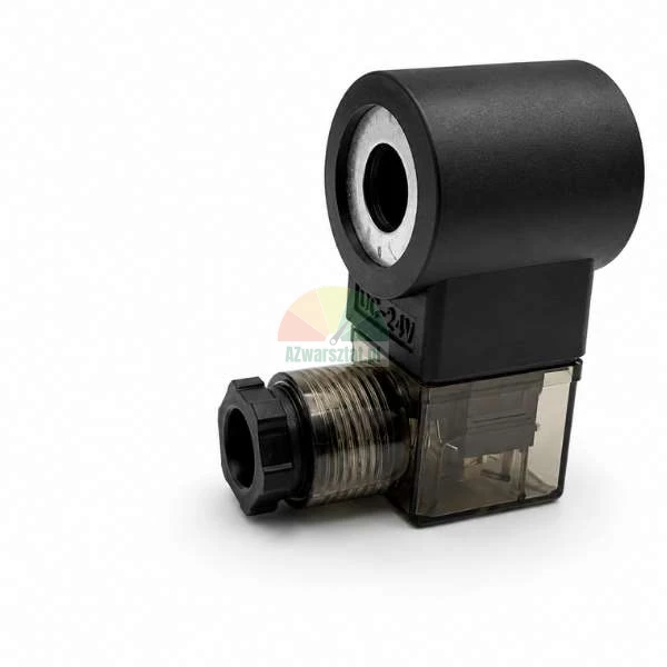 Schwarze 24V DC Magnetventilspule mit transparentem Gerätestecker auf weißem Hintergrund.