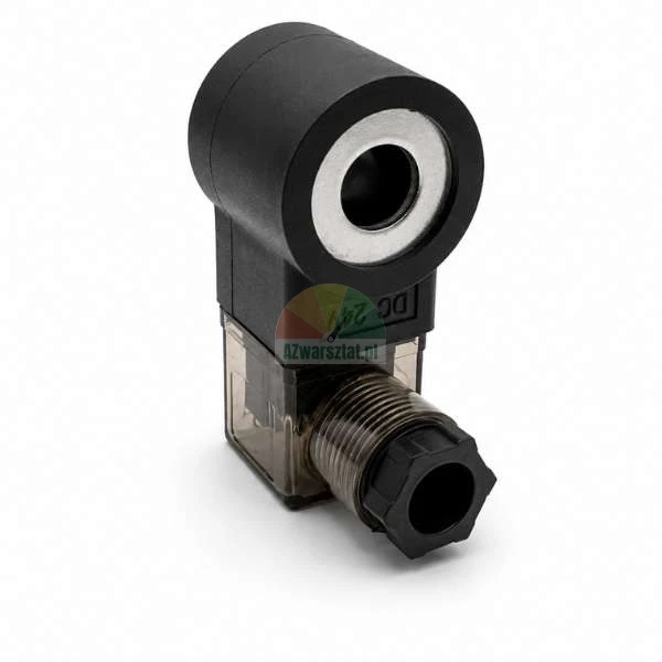 Schwarze Magnetventilspule 24V DC mit transparentem Anschlussstecker auf weißem Hintergrund.