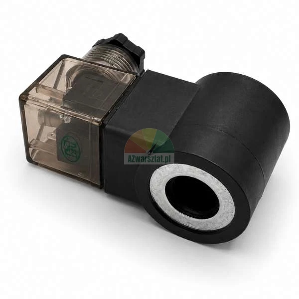 Schwarze Magnetventilspule mit transparentem DIN-Gerätestecker auf weißem Hintergrund.