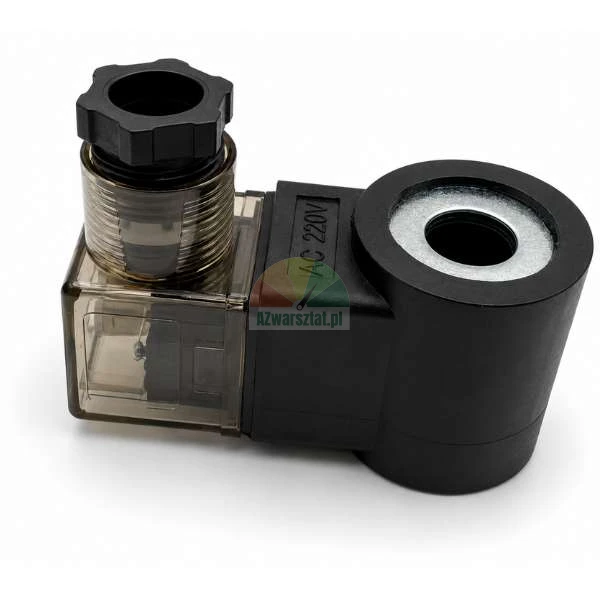 Schwarze Magnetspule für Senkventil 13mm AC 220V mit transparentem Anschlussstecker auf weißem Hintergrund.