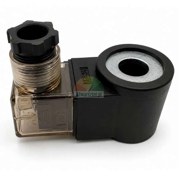 Schwarze Magnetventilspule AC 24V mit einem Innendurchmesser von 13mm und teiltransparentem Anschlussstecker.