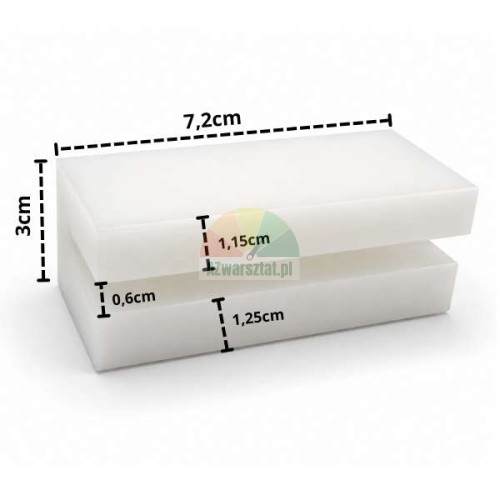 Weißer Gleitblock für Hebebühne mit den Maßen 7,2 cm x 3 cm und Detailzeichnungen.