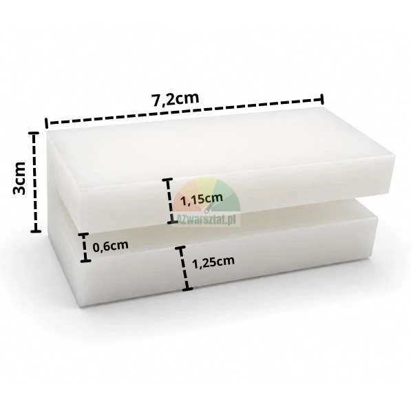 Weißer Gleitblock für Hebebühne mit den Maßen 7,2 cm x 3 cm und Detailzeichnungen.