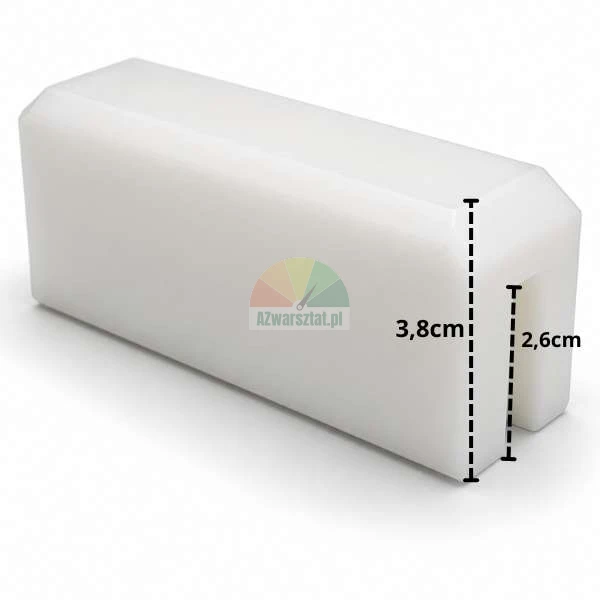 Weißes Kunststoff-Gleitprofil mit einer Höhe von 3,8 cm und einer Nut von 2,6 cm Tiefe.