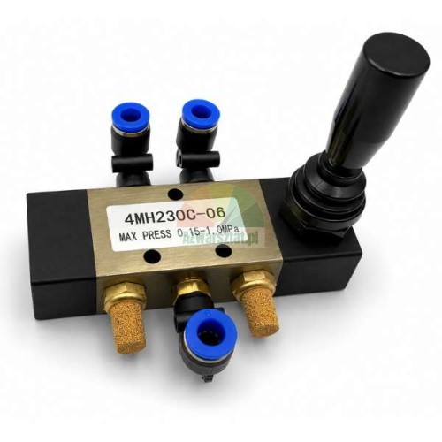 Pneumatisches Steuerventil mit Joystick 4MH230C-06 für den Hilfsarm einer Reifenmontiermaschine, mit blauen Schnellanschlüssen und Schalldämpfern.