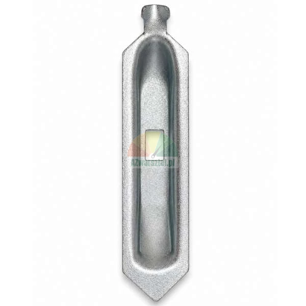 Verzinkter Drahtspanner für Zäune, Draufsicht auf ein längliches Metallelement mit einer rechteckigen Öffnung in der Mitte.