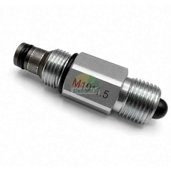 Metallisches Hydraulikventil mit der Kennzeichnung M19*1.5, O-Ringen und einem Siebfilter auf weißem Hintergrund.