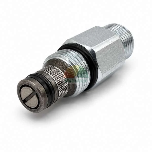 Metallisches hydraulisches Einschraubventil mit Siebfilter, Gewinde und Gummi-O-Ringen auf weißem Hintergrund.