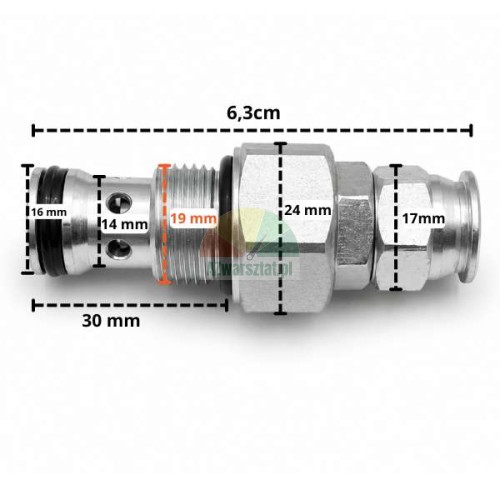 Überdruck- und Überströmventil G19mm mit eingezeichneten technischen Abmessungen