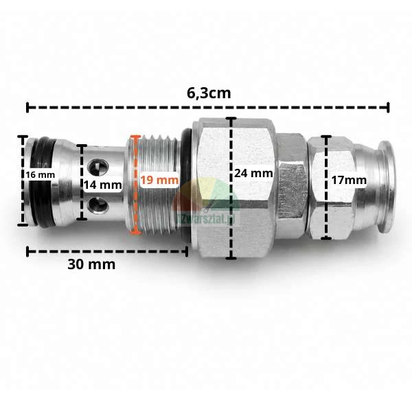 Überdruck- und Überströmventil G19mm mit eingezeichneten technischen Abmessungen