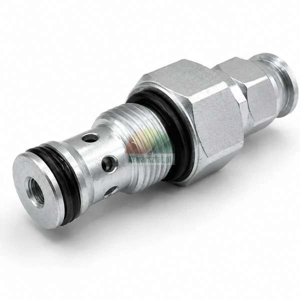 Hydraulisches Einschraubventil aus Metall mit schwarzen O-Ringen und Gewinde auf weißem Hintergrund.