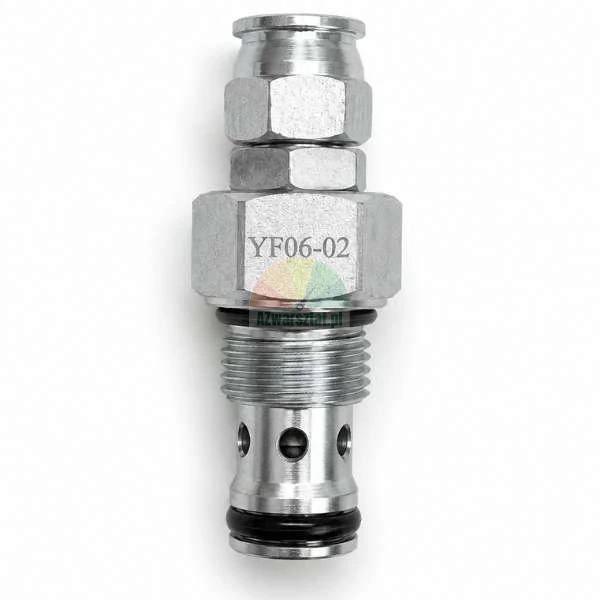 Metallisches Einschraubventil mit der Kennzeichnung YF06-02, O-Ring-Dichtungen und Gewinde auf weissem Hintergrund.