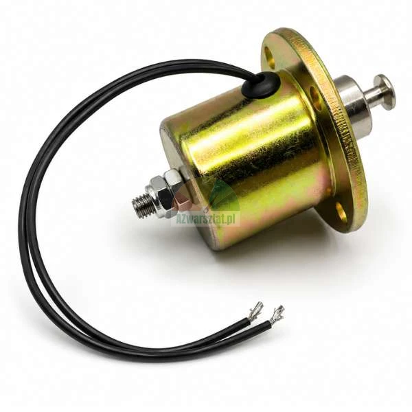 Metallischer, goldfarbener Hubmagnet (Solenoid) mit zwei schwarzen Kabeln, Gewindebolzen mit Muttern und Montageflansch auf weißem Hintergrund.