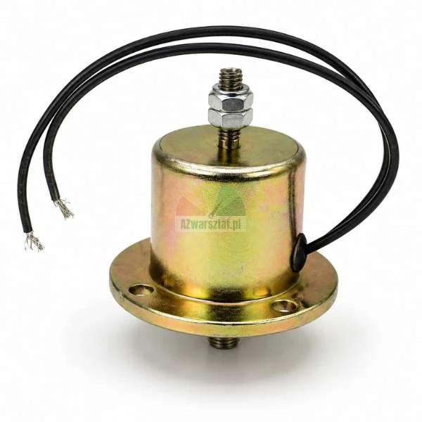 Zylindrischer Hubmagnet aus Metall mit gelb-goldener Oberfläche, Montageflansch an der Basis, Gewindestift mit zwei Muttern oben und zwei schwarzen Kabeln auf weißem Hintergrund.