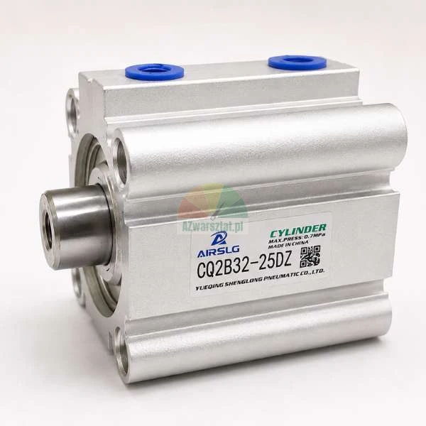 Kompakter Pneumatikzylinder AIRSLG CQ2B32-25DZ aus Aluminium mit blauen Verschlussstopfen auf weißem Hintergrund.