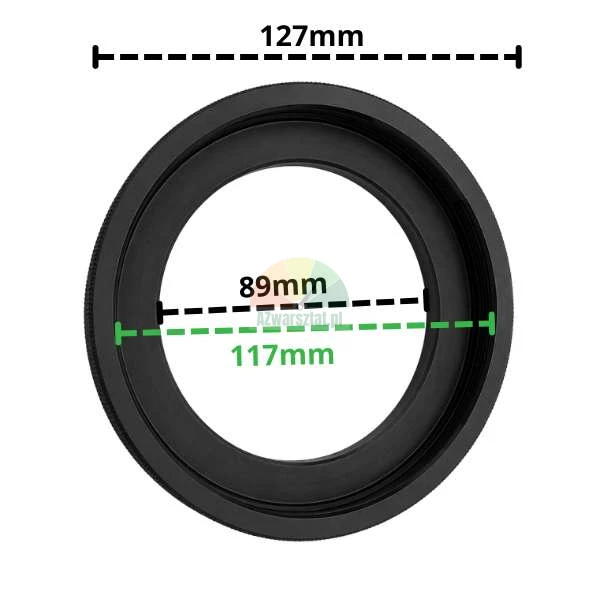 Schwarzer Metall-Adapterring mit Maßangaben: Außendurchmesser 127mm, Innendurchmesser 89mm und Innengewindedurchmesser 117mm.