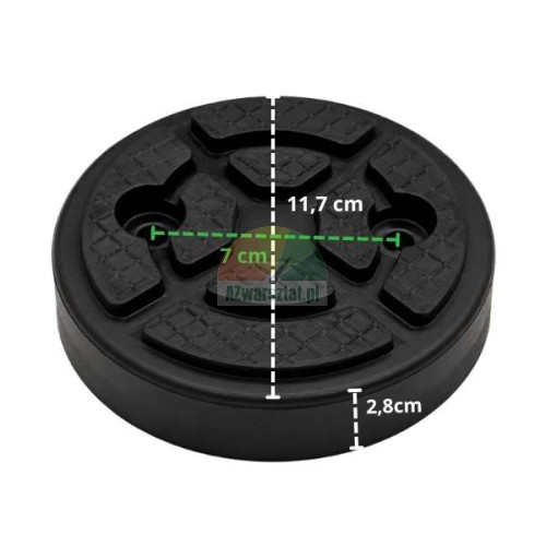 Runde Gummiauflage für Wagenheber mit Maßen 11,7 cm Durchmesser, 2,8 cm Höhe und 7 cm Lochabstand