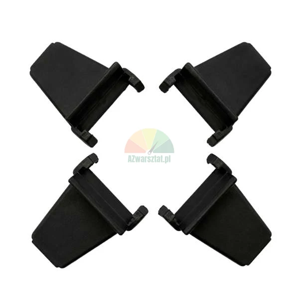 Vier schwarze Montageclips aus Kunststoff, symmetrisch auf weißem Hintergrund angeordnet.
