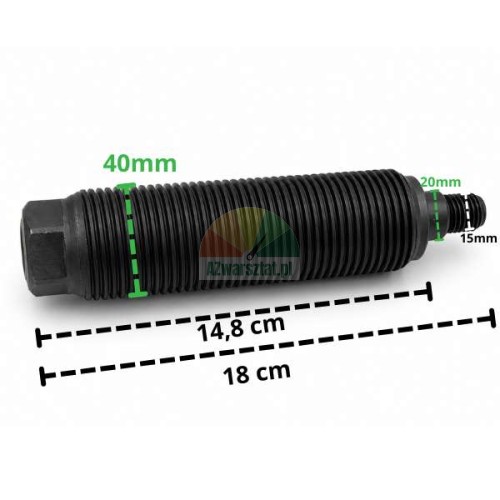 Gewindewelle für Auswuchtmaschine, Durchmesser 40 mm, Gesamtlänge 18 cm.