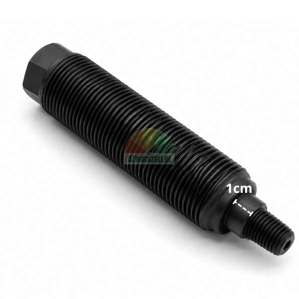 Schwarze Gewindespindel für Abzieher mit einer Maßangabe von 1 cm an der verjüngten Spitze, auf weißem Hintergrund.