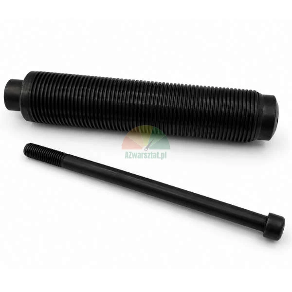 Schwarze Auswuchtwelle mit 40mm Durchmesser und 20,5cm Länge mit Gewinde und Befestigungsschraube auf weißem Hintergrund