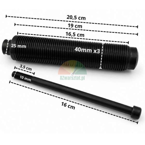 Auswuchtmaschinenwelle 40mm, 20,5cm lang mit Befestigungsschraube und Abmessungen.