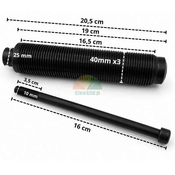 Auswuchtmaschinenwelle 40mm, 20,5cm lang mit Befestigungsschraube und Abmessungen.