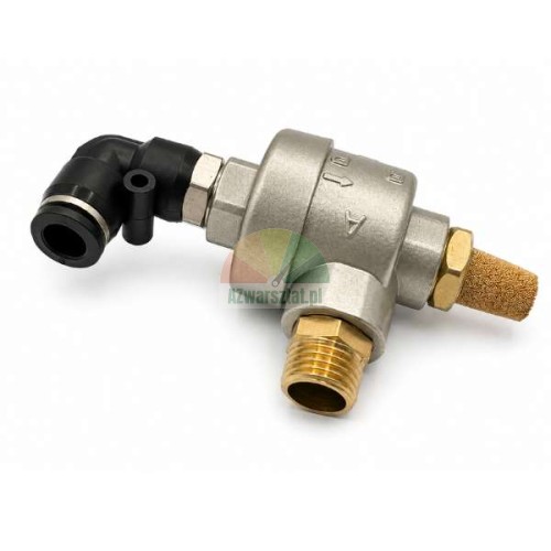Schnellentlüftungsventil aus Aluminium mit einem 8mm Winkel-Steckanschluss, einem 12,7mm Außengewinde und einem Schalldämpfer aus Sinterbronze.