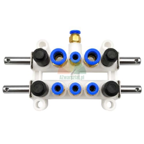 Weißer pneumatischer Ventilblock und Luftverteiler Typ D-2 mit blauen Steckanschlüssen auf weißem Hintergrund