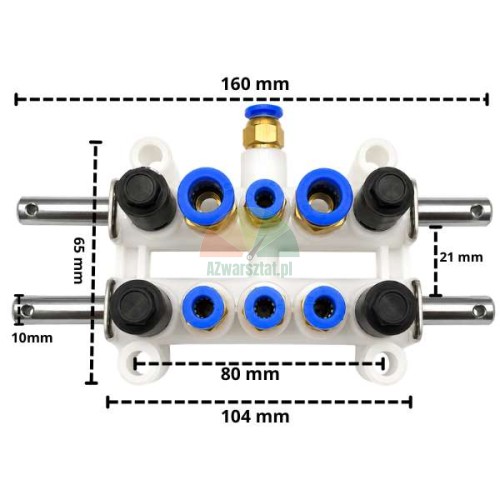 Weißer Ventilblock - Luftverteiler Typ D-2 mit Maßangaben.