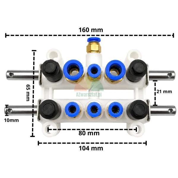 Weißer Ventilblock - Luftverteiler Typ D-2 mit Maßangaben.
