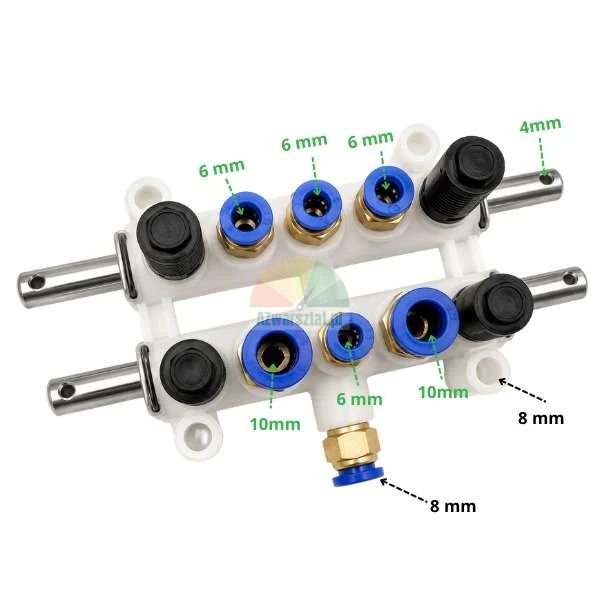 Pneumatischer Verteilerblock mit Steckanschlüssen in verschiedenen Größen: 4 mm, 6 mm, 8 mm und 10 mm. Blaue Schnellsteckverbinder, Messingkomponenten und schwarze Einstellkappen auf weißem Gehäuse.